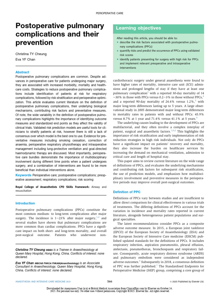 Postoperative Pulmonary Complications and Their Prevention | PDF ...