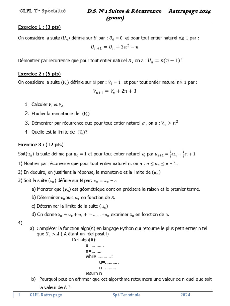 DS 1_suites et récurrence rattrapage 2024 | PDF