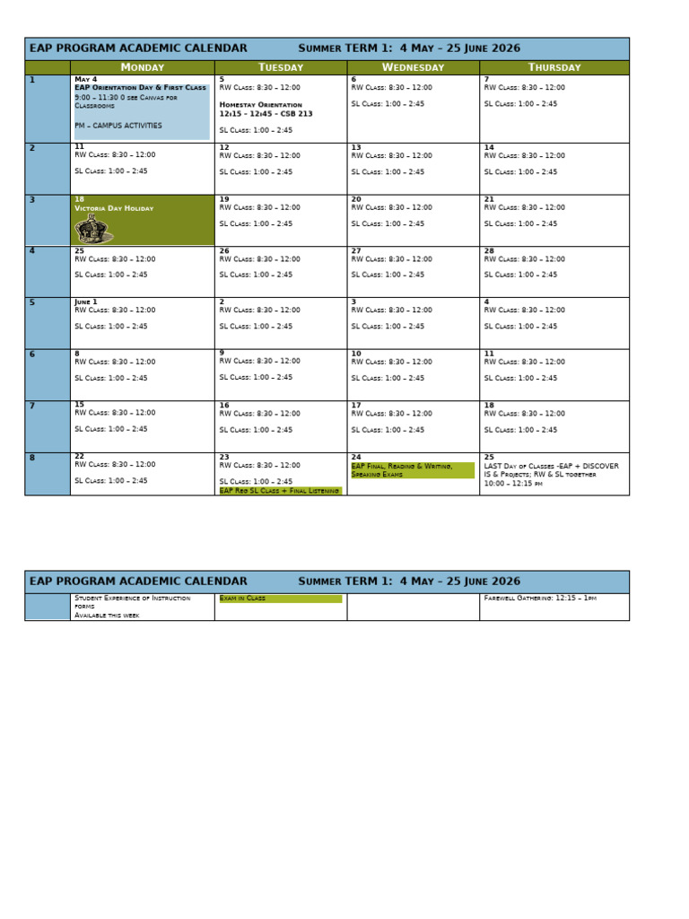 S26-T1 EAP Program Student Academic Calendar 4 May - 25 June | PDF