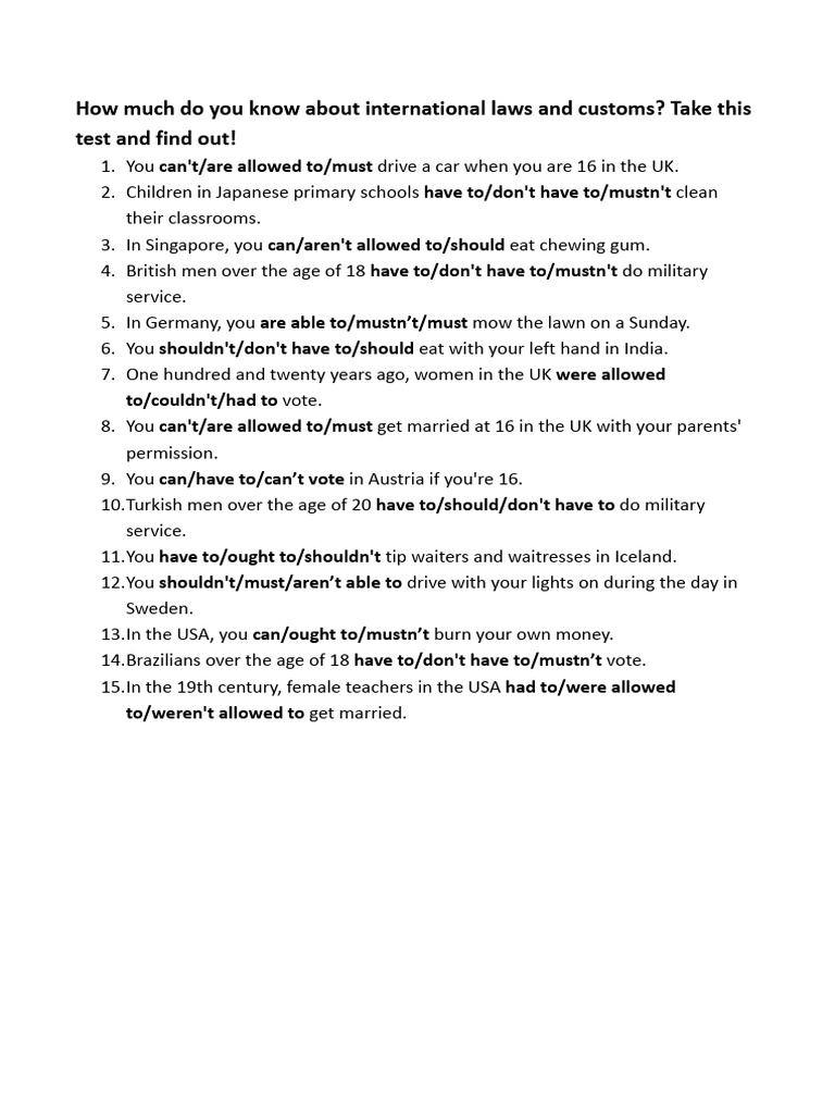 International Laws -Without Answers- And Customs Modal Verbs.docx | PDF