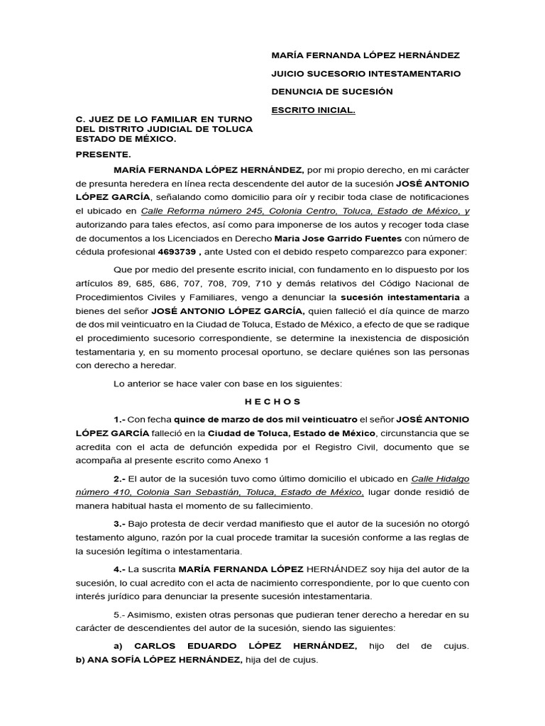 Familiar Sucesorio Inicial MJGF | PDF | Herencia | Jurisdicción