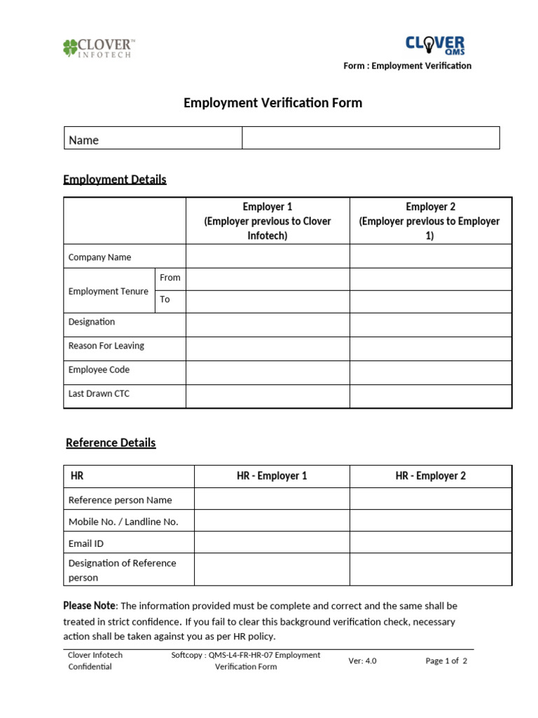 Employment Verification Form | PDF