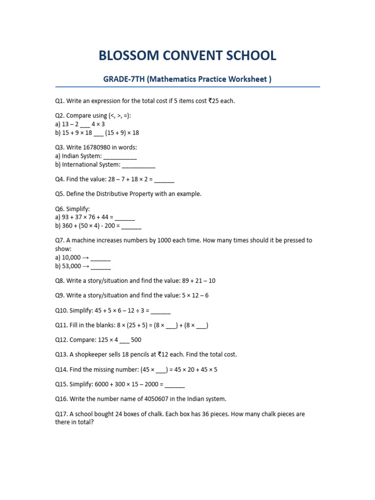 7th Maths Worksheet | PDF