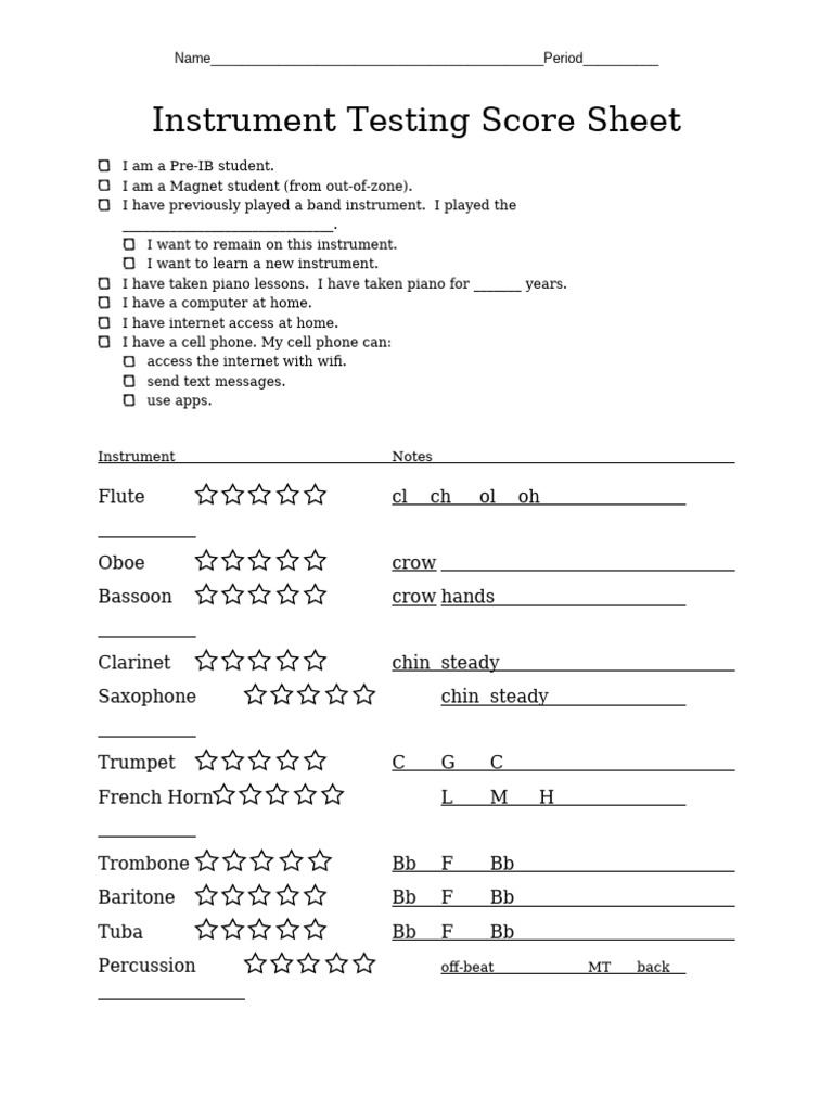 Instrument Testing Score Sheet Generic | PDF