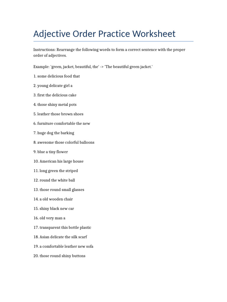 Adjective Order Worksheet-1 | PDF