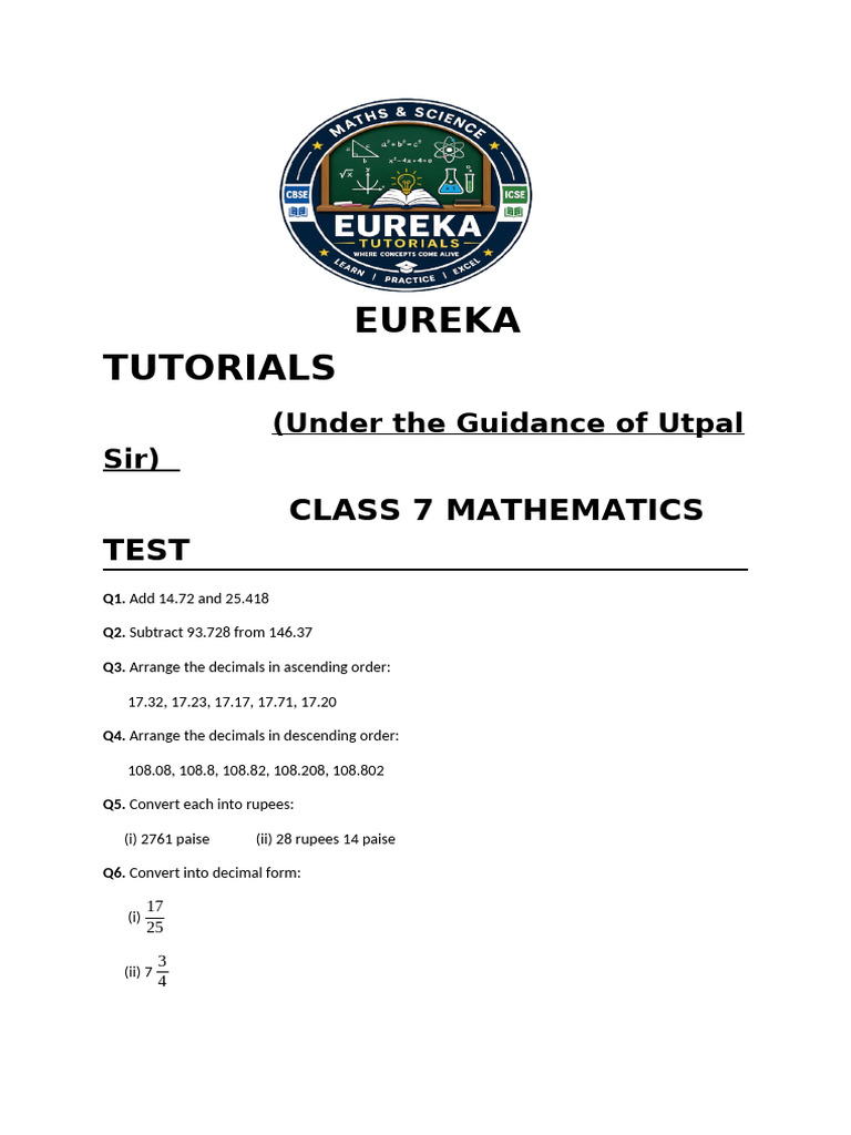 Eureka Tutorials Class 7 Maths Test 1 | PDF