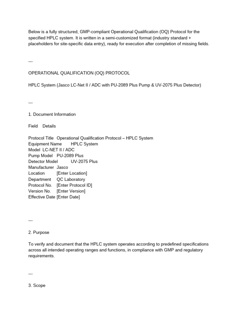 Operational Qualification (OQ) Protocol for the Specified HPLC System ...