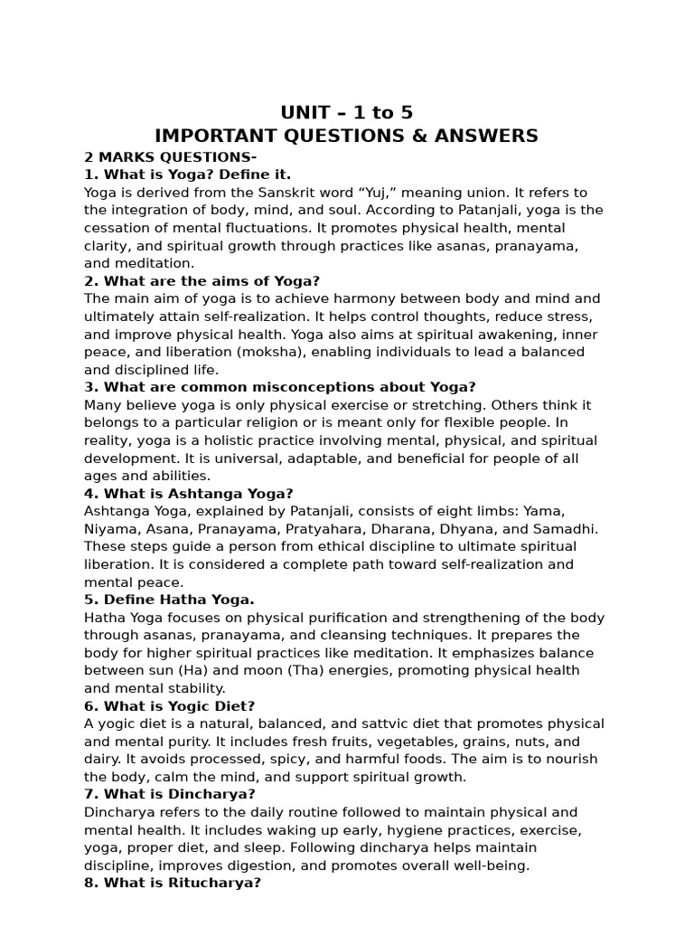 Unit -1 Important Question Answers(Yoga and Health Skills | PDF | Yoga ...