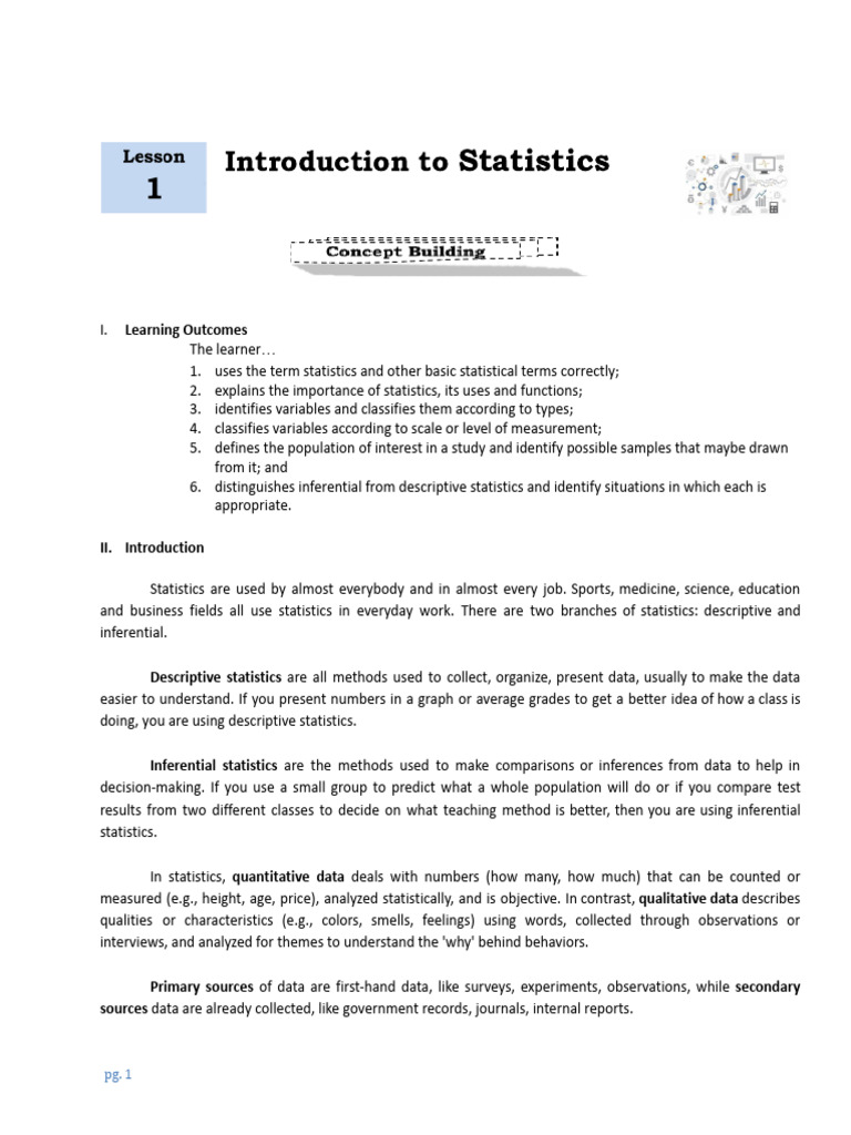 Lesson 1 - Introduction to Statistics (1) | PDF | Statistics | Level Of ...