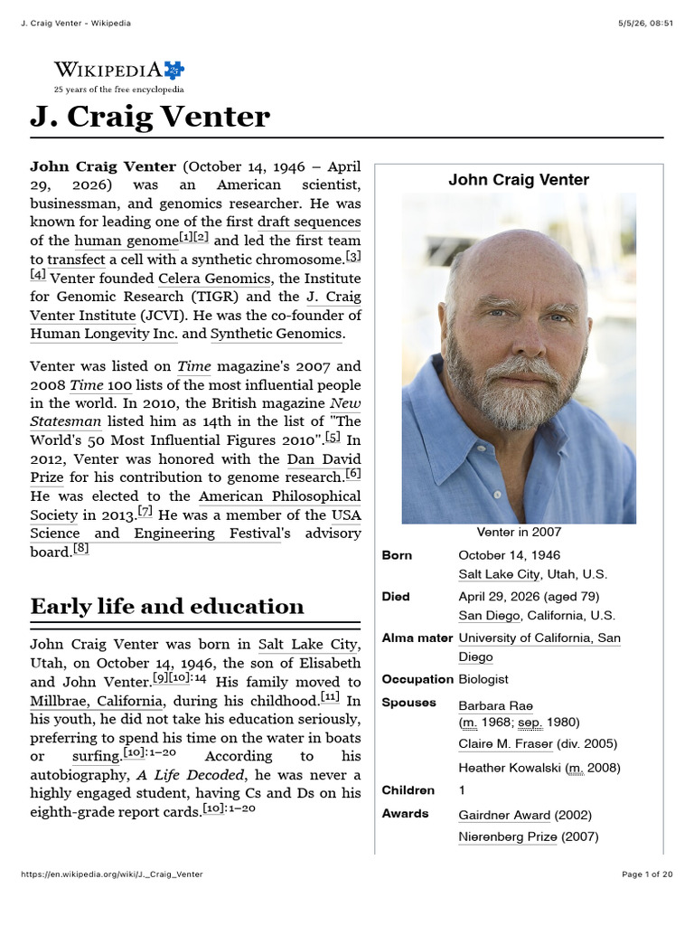 J. Craig Venter - Wikipedia | PDF | Genomics | Bioinformatics