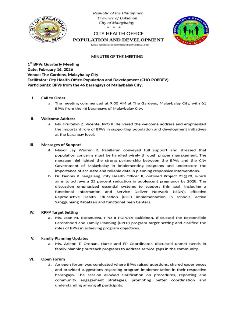 Minutes of the Meeting Bpvs 1st | PDF | Family Planning