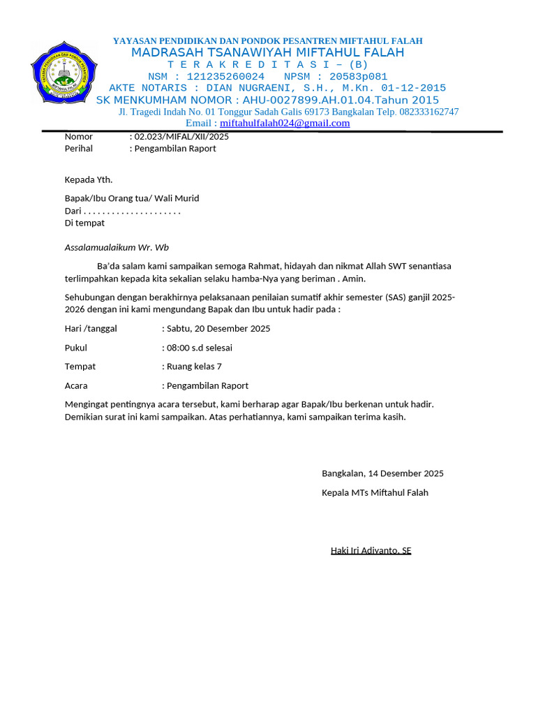 Undangan Pengambilan Raport Mts | PDF