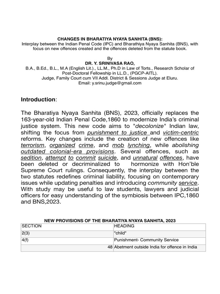 Changes in BNS | PDF | Crimes | Crime & Violence