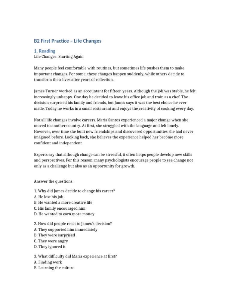 B2 First Life Changes Worksheet | PDF