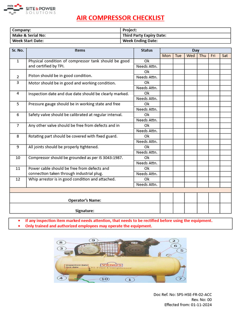 Air Compressor Checklist | PDF | Gas Technologies | Equipment