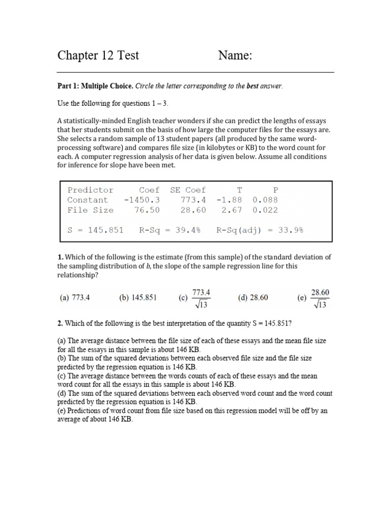 Chapter 12 Test AP Stats | PDF | Regression Analysis | Errors And Residuals