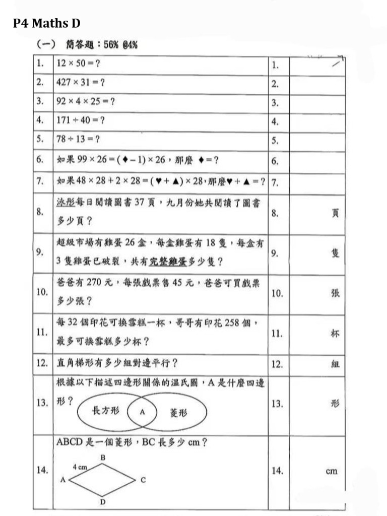 P4 Maths D - Blank | PDF