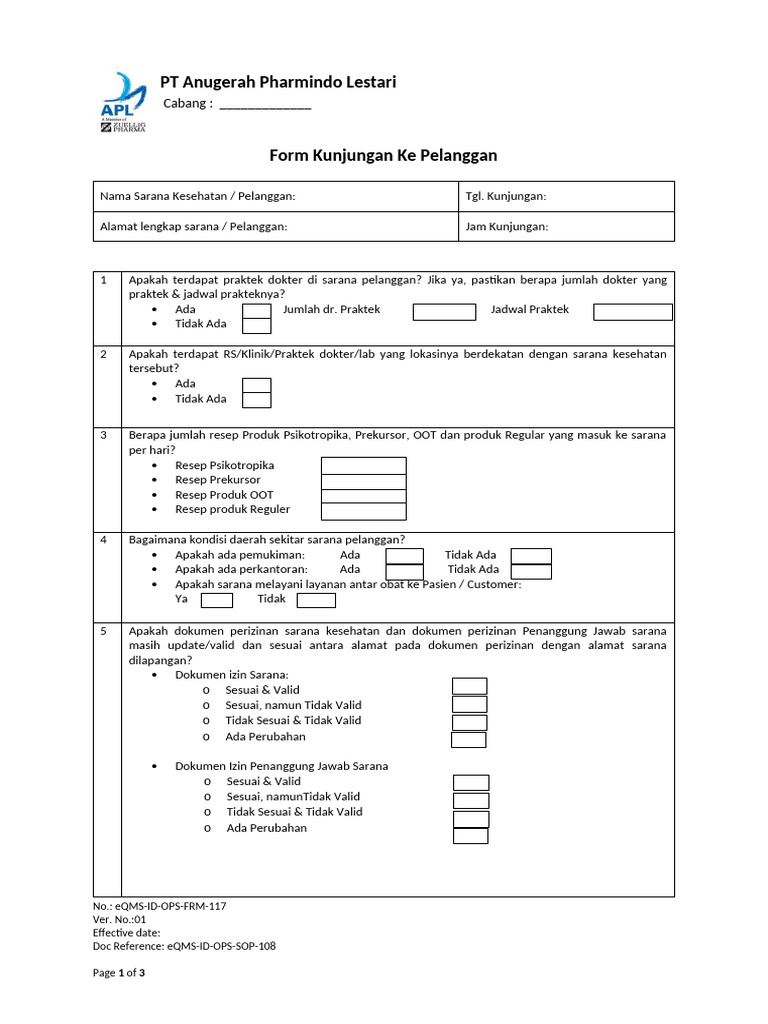 EQMS ID OPS FRM 117 v01 Form Kunjungan Ke Pelanggan | PDF