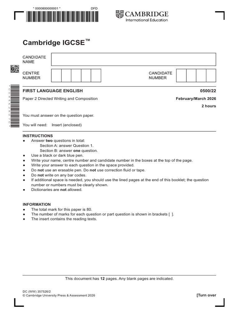 0500 English - First Language March 2026 Question Paper 22 | PDF