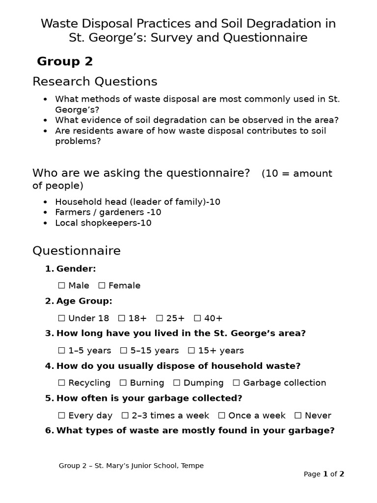 Group 2 Garbage Disposal Questionnaire - Grade Six Project SMJS | PDF