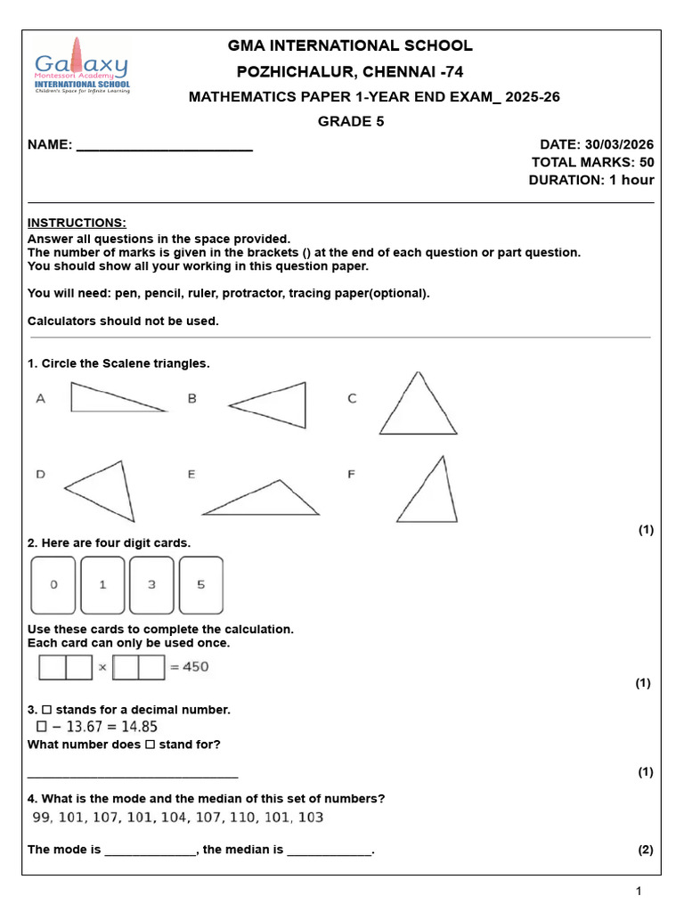 Grade 5_Paper 1 Math_3 copies | PDF | Elementary Mathematics | Mathematics
