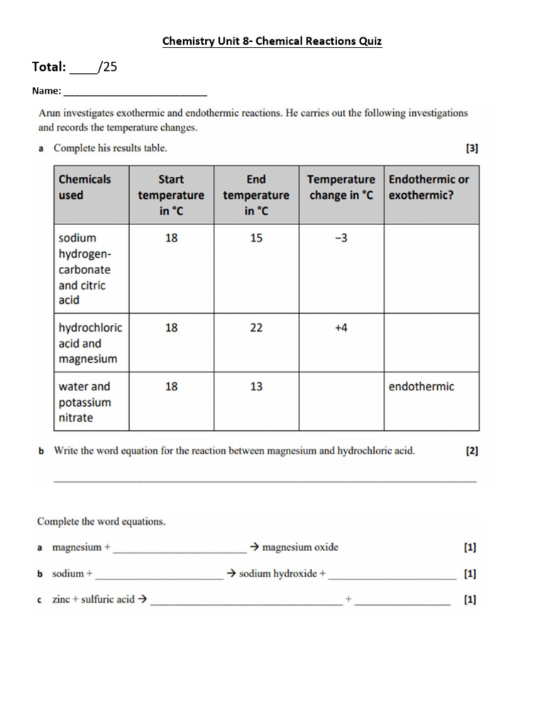 Wk 6 - Chemistry Unit 8 Chemical Reactions Quiz | PDF