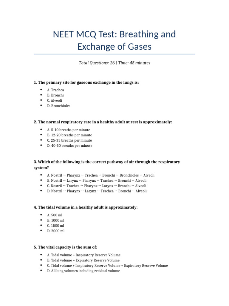 NEET Breathing Exchange Gases MCQ Test 26Apr2026 | PDF | Respiratory ...