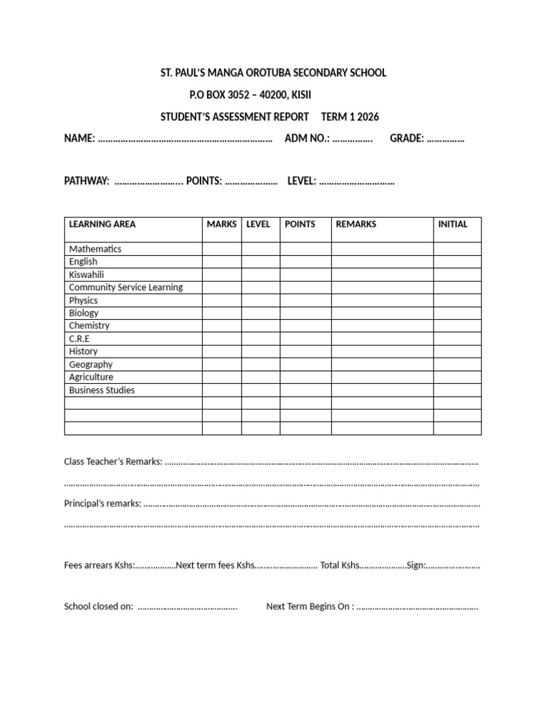 Grade 10 Assessment Report Form | PDF