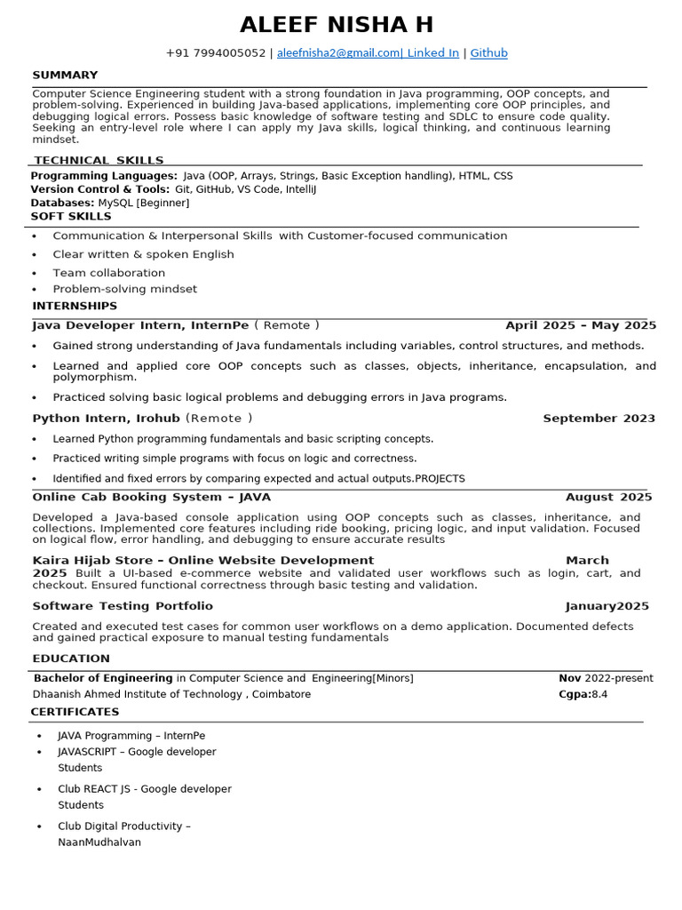 aleef_nisha_resume | PDF | Object Oriented Programming | Software Testing