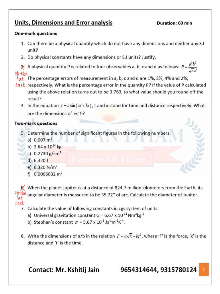units dimensions and error test | PDF | Length | Physics