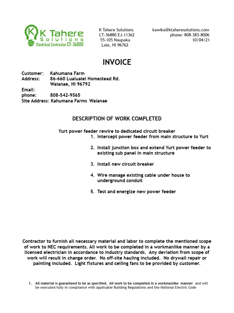 Kahumana Yurt Power INVOICE | PDF