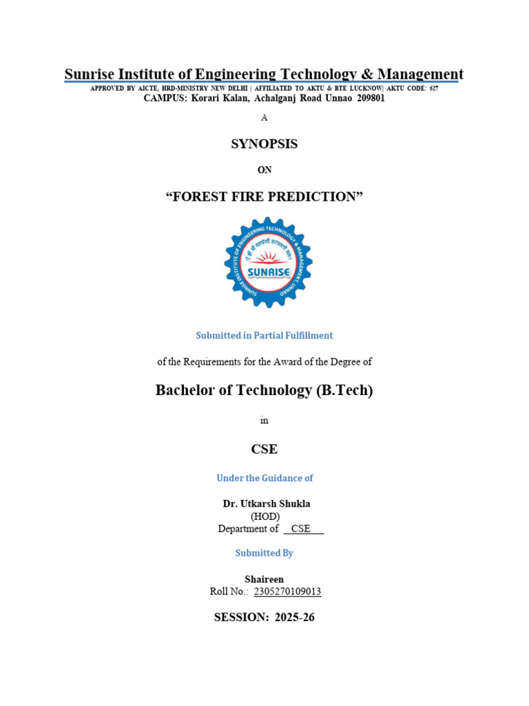 Synopsis for Forest Fire Prediction | PDF | Machine Learning | Wildfire