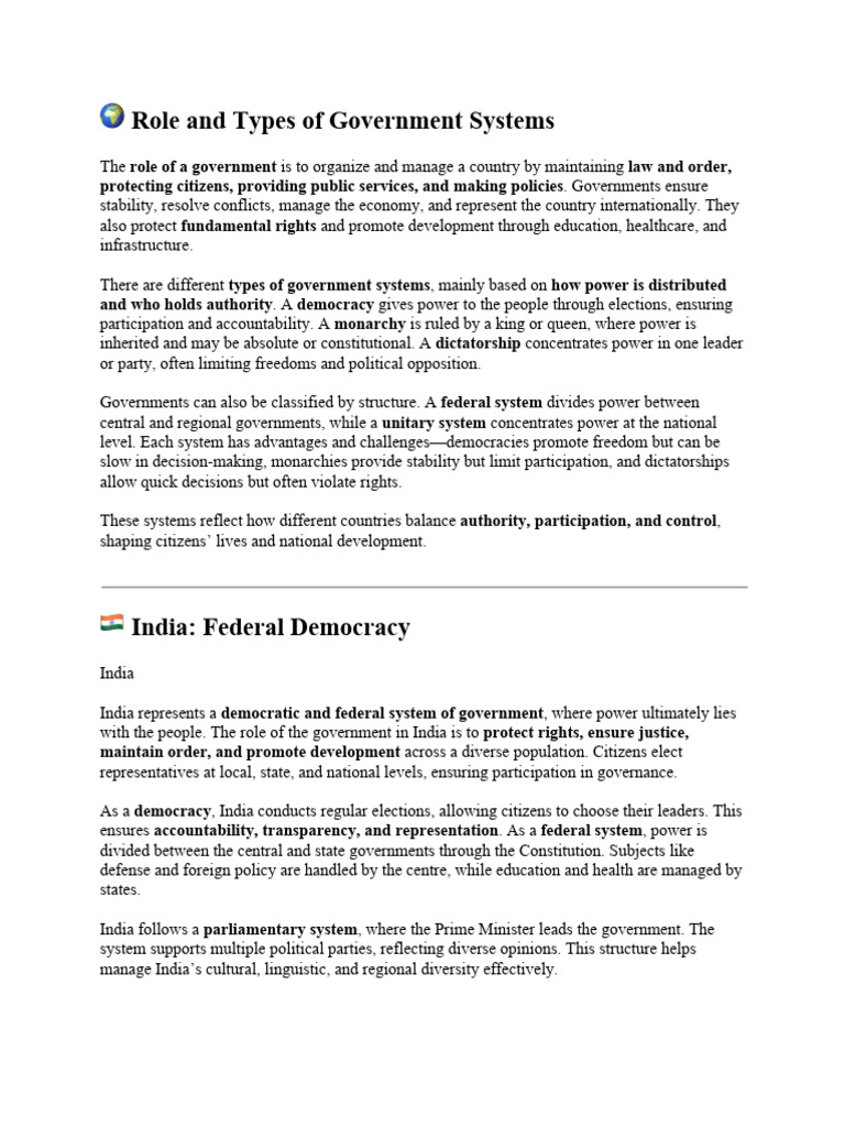 ? Role and Types of Government Systems | PDF | Human Development Index ...