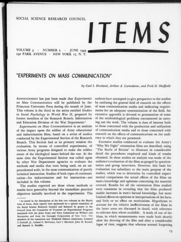 1949 - ITEMS 3 (2) June - Experiments on Mass Communication | PDF ...