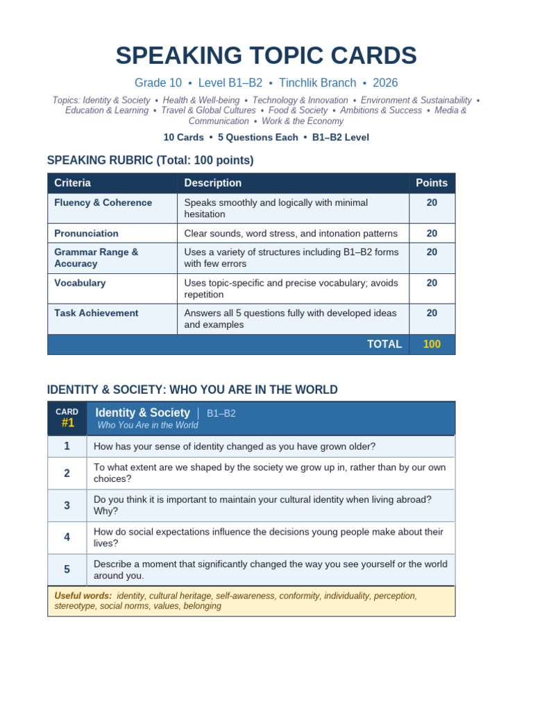 Grade 10 Speaking Test Question Cards | PDF | Sustainability ...