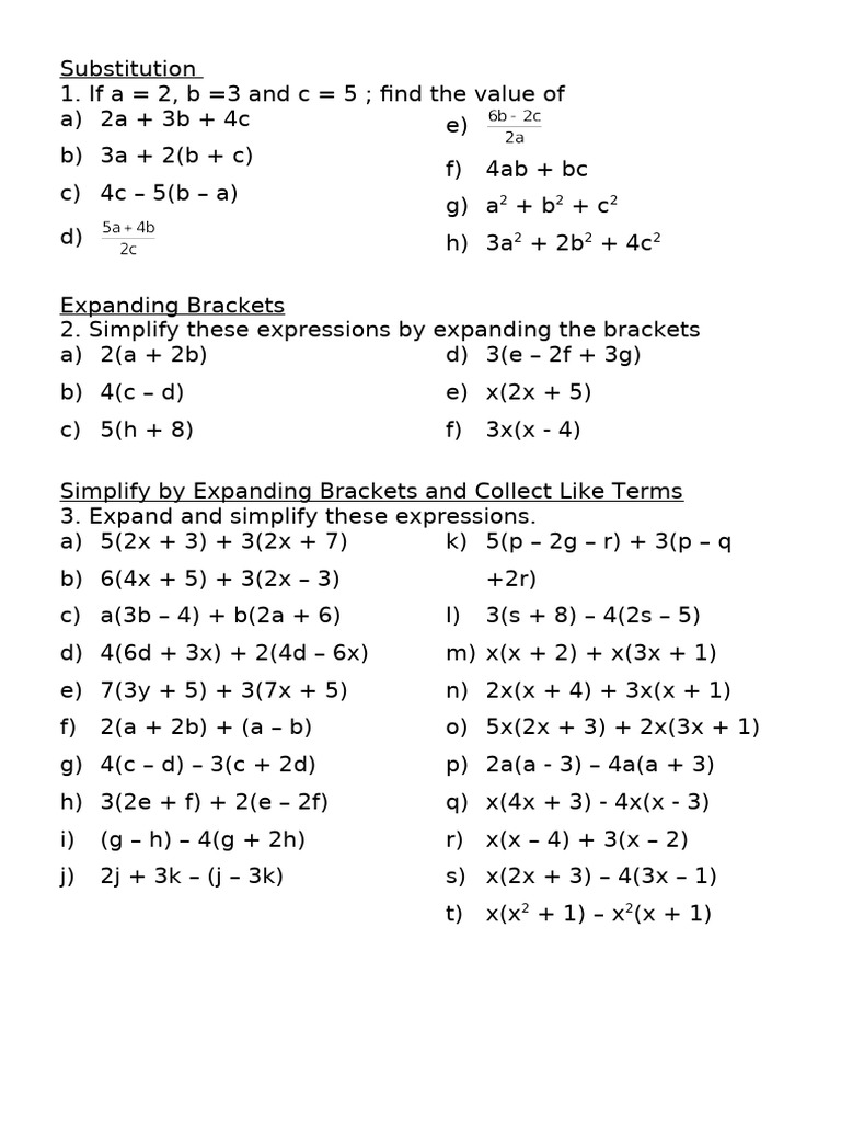 Algebra - Level 7 - Simplifying Brackets Worksheet | PDF