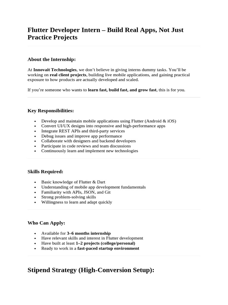 Flutter Development Intern JD | PDF