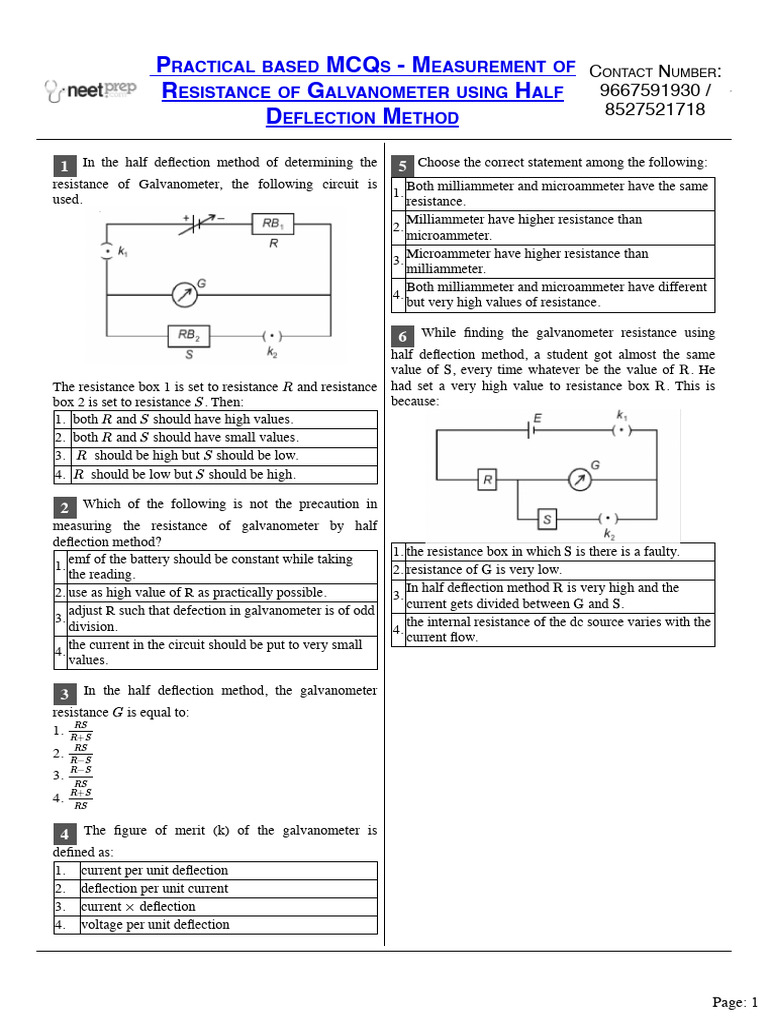 Practical Based MCQs - Measurement of Resistance of Galvanometer Using ...