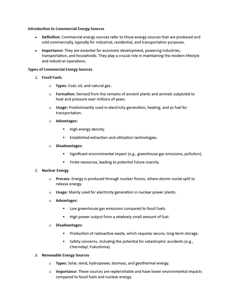 Introduction to Commercial Energy Sources Notes | PDF | Energy ...