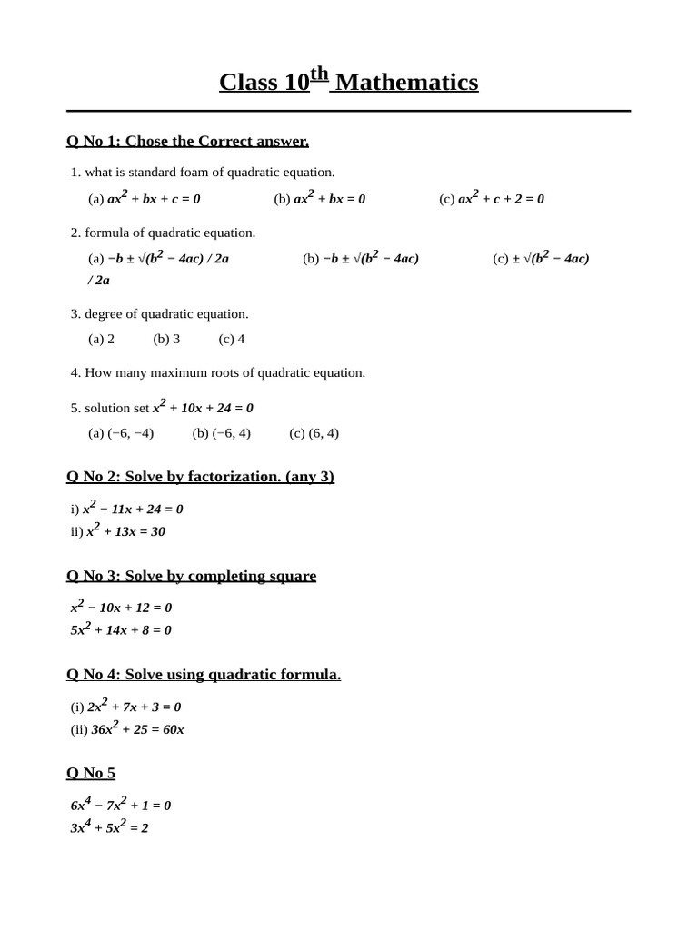 Mathematics Class 10 Assignment | PDF