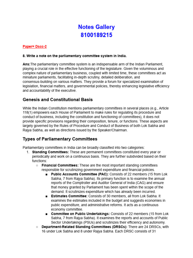 8.Write a Note on the Parliamentary Committee System.. | PDF ...