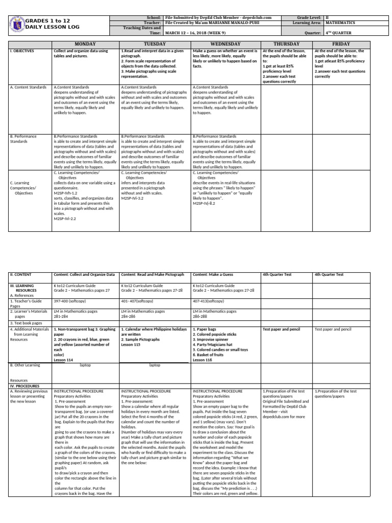 Dll Mathematics 2 q4 w9 | PDF | Red