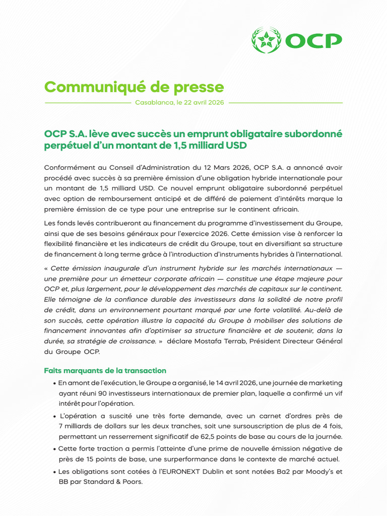 CP OCP 2026 Emission Obligataire 20042026 VFR | PDF | Obligation ...