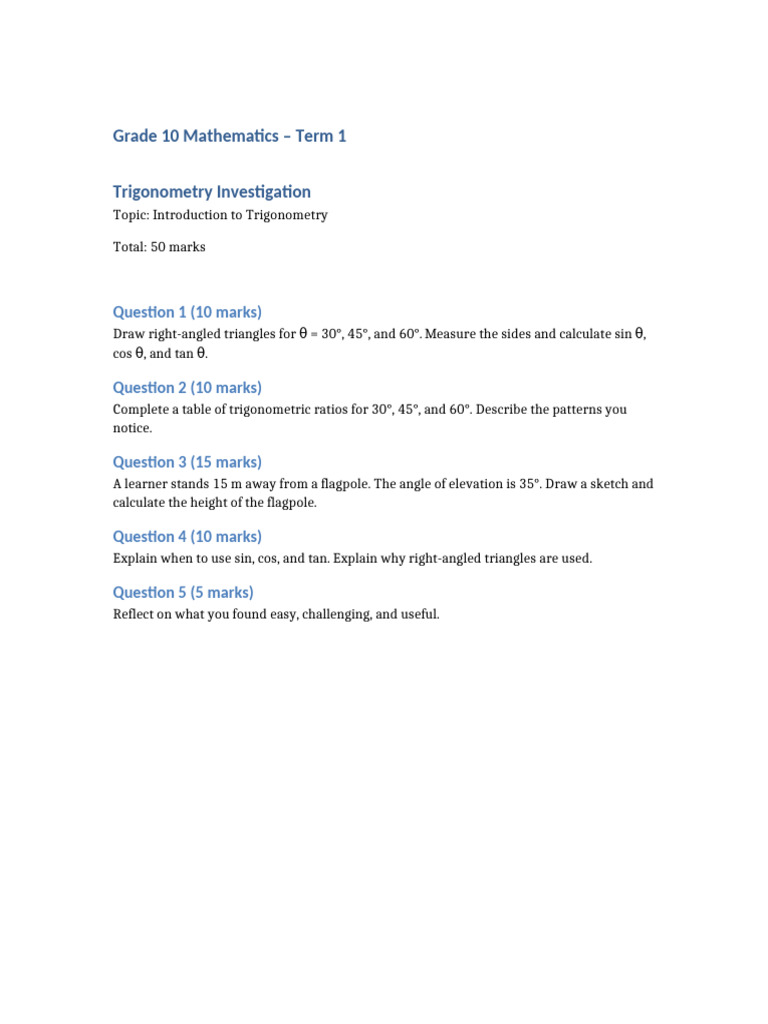 Grade 10 Trigonometry Investigation and Memo | PDF