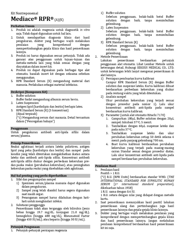 Kit Insert Mediace RPR - Syphilis Indo | PDF