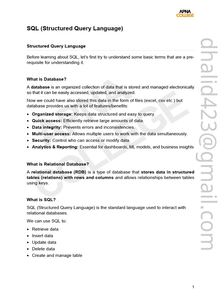 SQL Notes by Apna College | PDF | Database Transaction | Sql