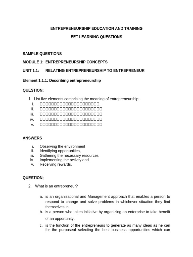 EET ELearning Questions 2016 | PDF | Entrepreneurship | Balance Sheet