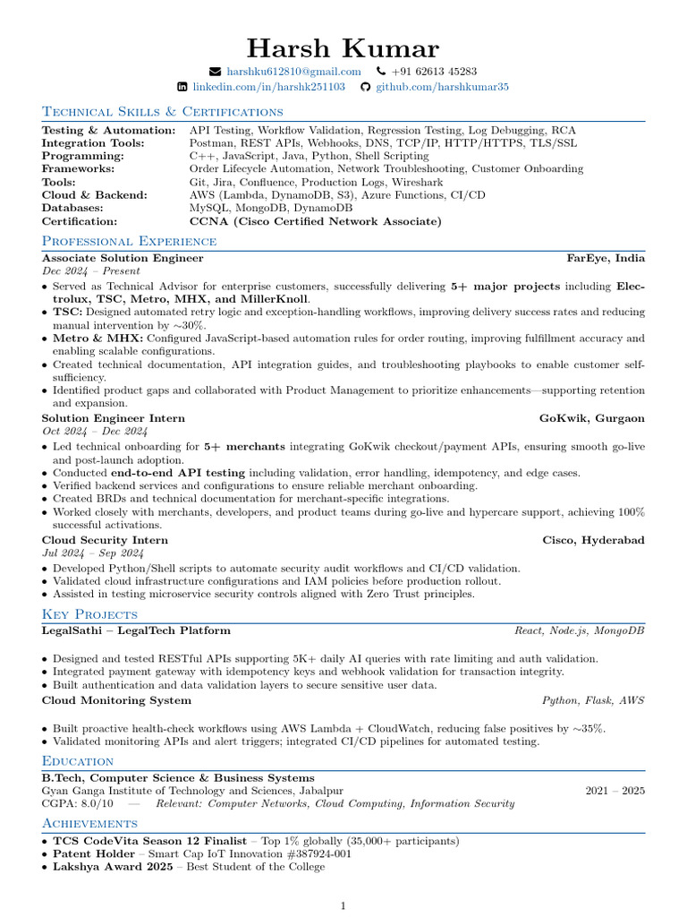 Harsh s Kumar Resume | PDF | Cisco Certifications | Cloud Computing