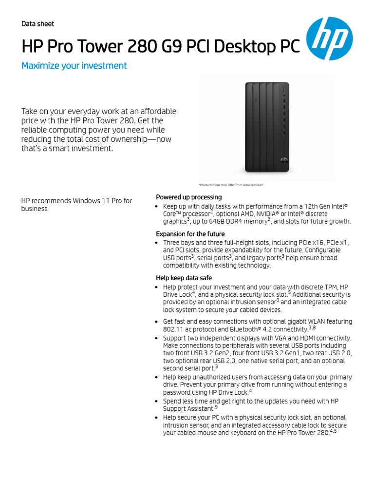 Datasheet HP Pro Tower 280 G9 PCI Desktop PC | PDF | Usb | Computer ...