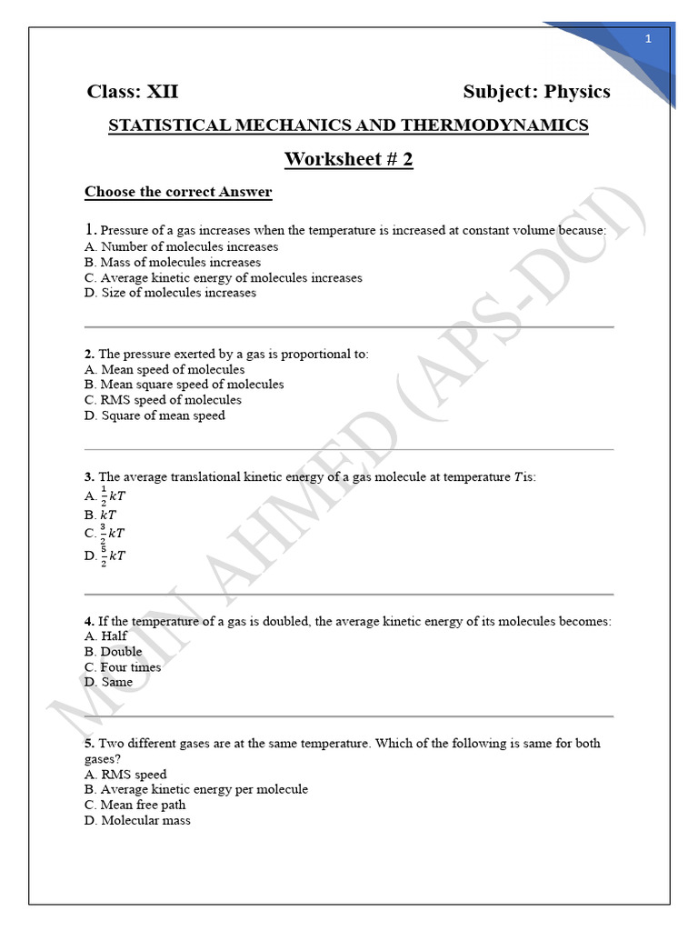 Phy Worksheet 2 | PDF | Gases | Temperature